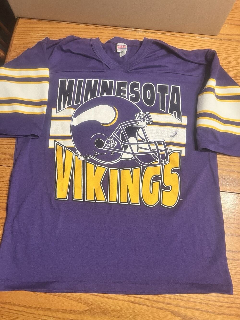 Vintage Minnesota Vikings Triple Stripe Purple Yellow Garami Inc USA Shirt L